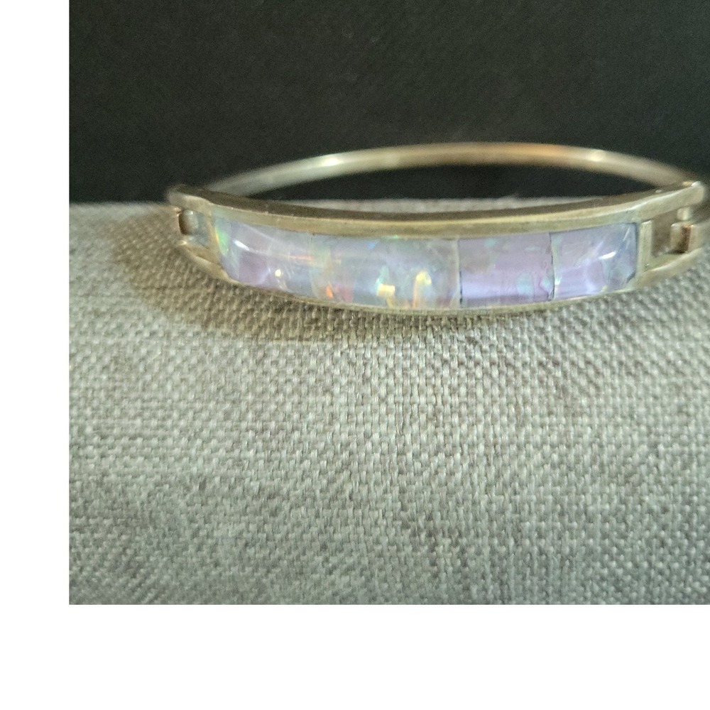 Vintage Alpaca Mexico Abalone Shell Inlay Bangle Bracelet Size 7 Cottagecore